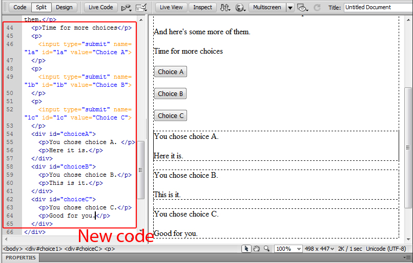 We've added three new buttons to the second choice div section, along with subsections to correspond to them.