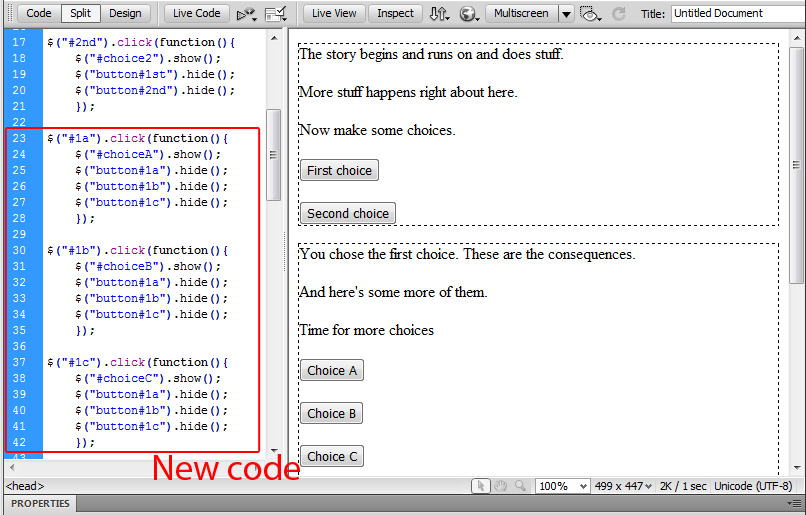 This code links our three new buttons with our three new sections.